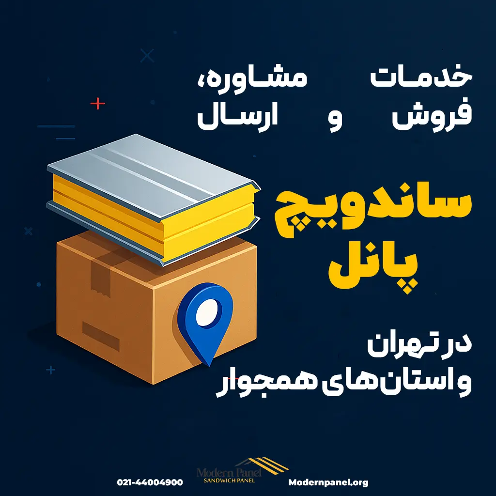 تصویر گرافیکی حرفه‌ای با متن فارسی «خدمات مشاوره، فروش و ارسال ساندویچ پانل در تهران و استان‌های همجوار» همراه با نماد ساندویچ پانل، جعبه ارسال و آیکون موقعیت مکانی، طراحی شده برای برند مدرن پانل.