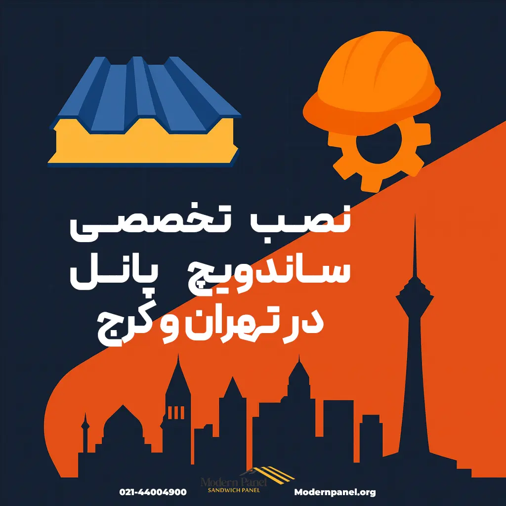 تصویر گرافیکی خلاقانه با متن فارسی «نصب تخصصی ساندویچ پانل در تهران و کرج» همراه با نماد پانل و کلاه ایمنی، مناسب برای مقاله مدرن پانل
